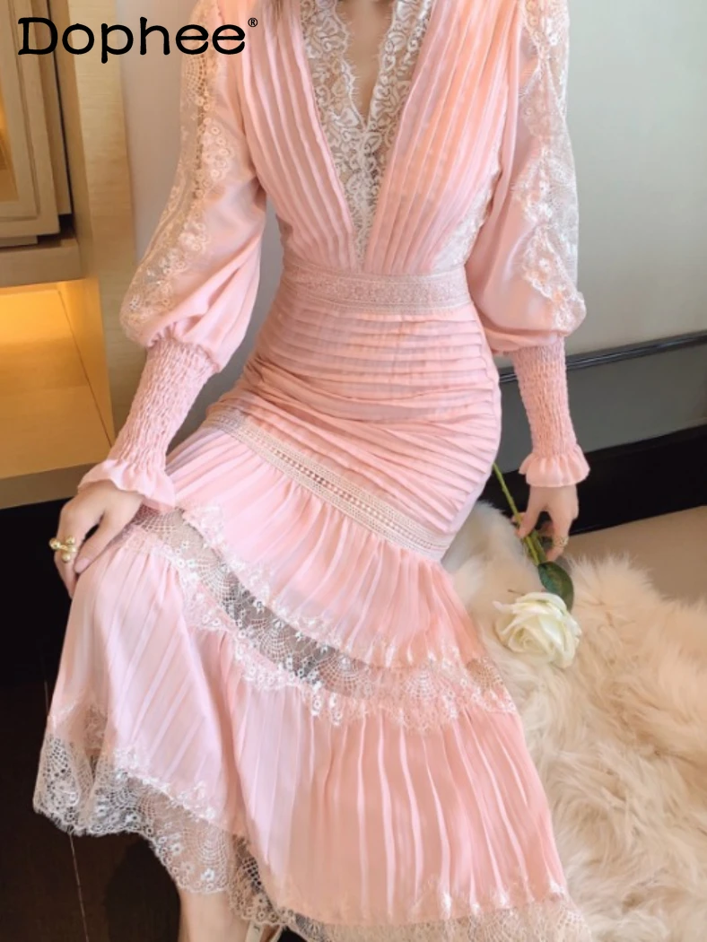 

European Station Ladies V-neck Lantern Sleeve Lace Chiffon Patchwork Pleated Dress Women 2022 Summer Banquet Party Formal Dress