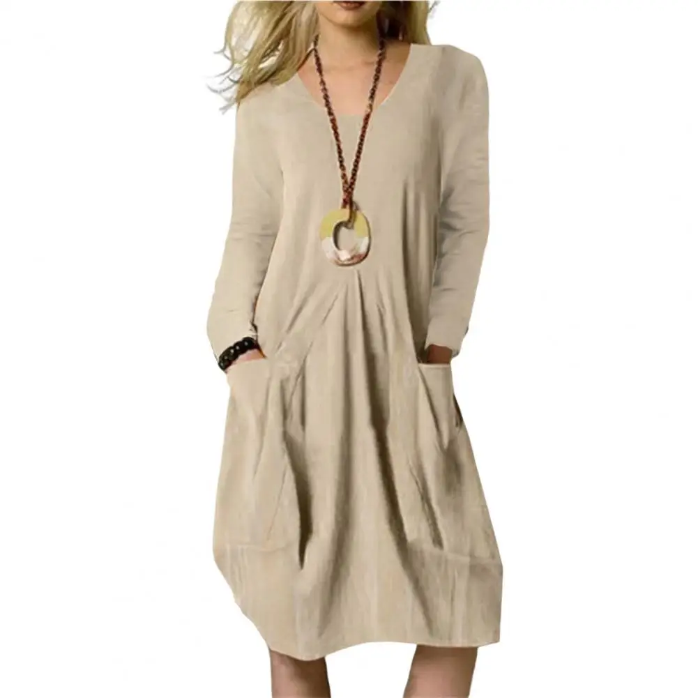 

Женское мини-платье с оборками, плиссированное платье с круглым вырезом и карманами, Осеннее однотонное платье-пуловер с длинным рукавом, у...