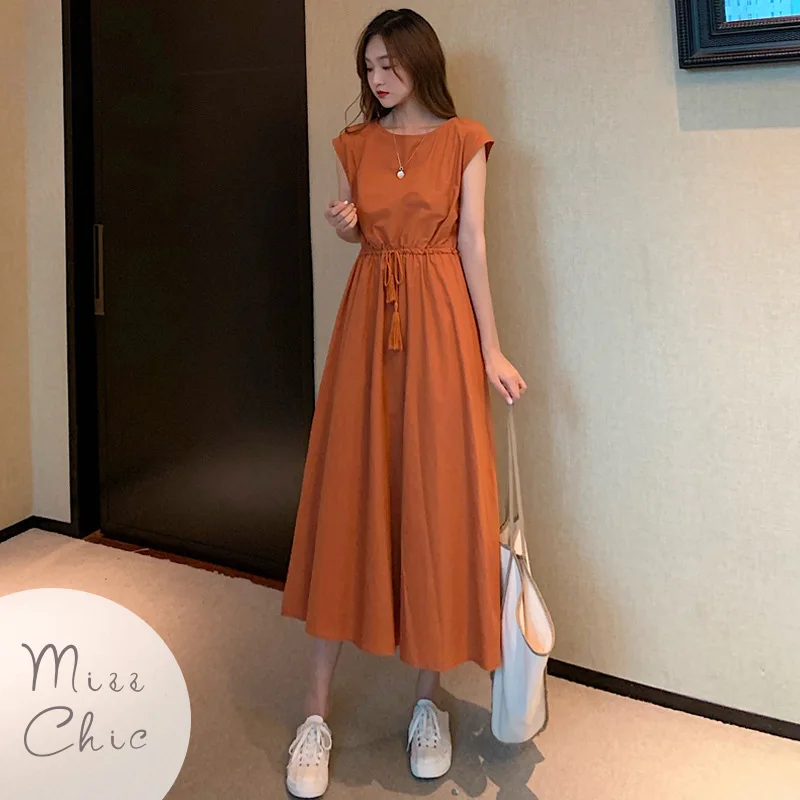 Temperament Literary Artistic Waistband A-line Middle Length Dress 2023 Summer Sleeveless Japan Solid Cotton Linen Dresses