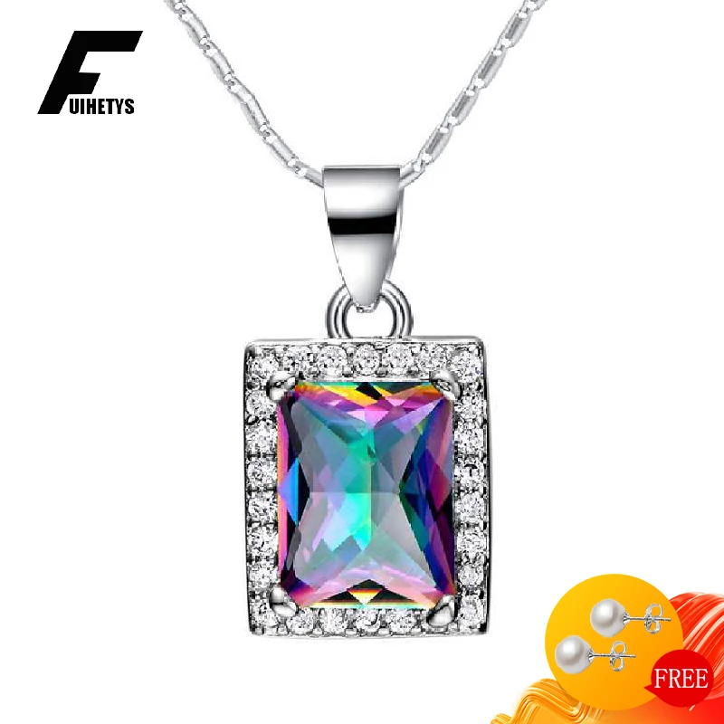 

Fashion Women Necklace 925 Silver Jewelry with Colorful Zircon Gemstone Rectangle Shape Pendant Accessories for Wedding Party