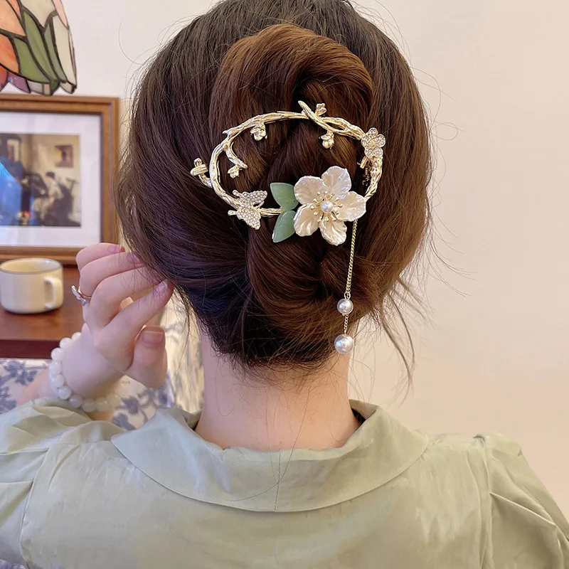 

Винтажная заколка для волос с цветами, бабочками и кисточками, женский зажим для конского хвоста с одним словом, золотые аксессуары для воло...