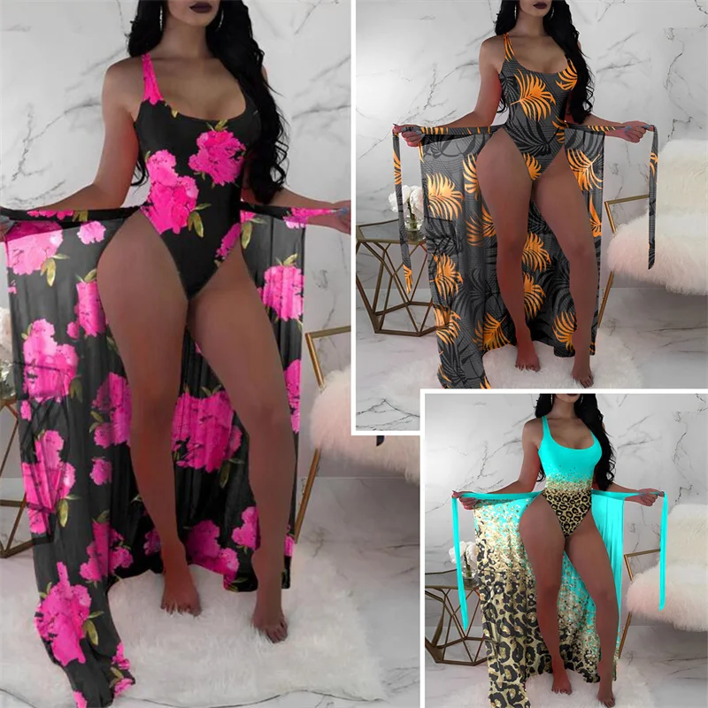 

Summer New Bikini Swimsuit Women's Three-piece Mesh Blouse Hit Color Printing Bikini Sexy Swimsuit Tight High Elastic Beachwear