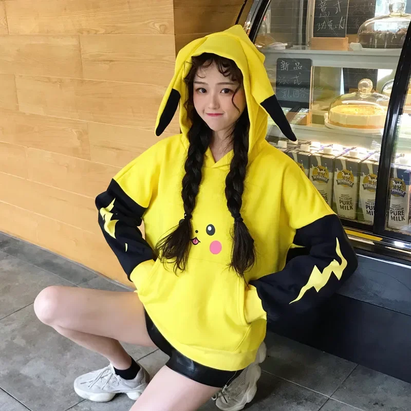 

Lightning Pikachu Rabbit Ears Color Block Hooded Sweatshirt Women's Quarter Korean Style Student Long Sleeve Top Birthday Gift