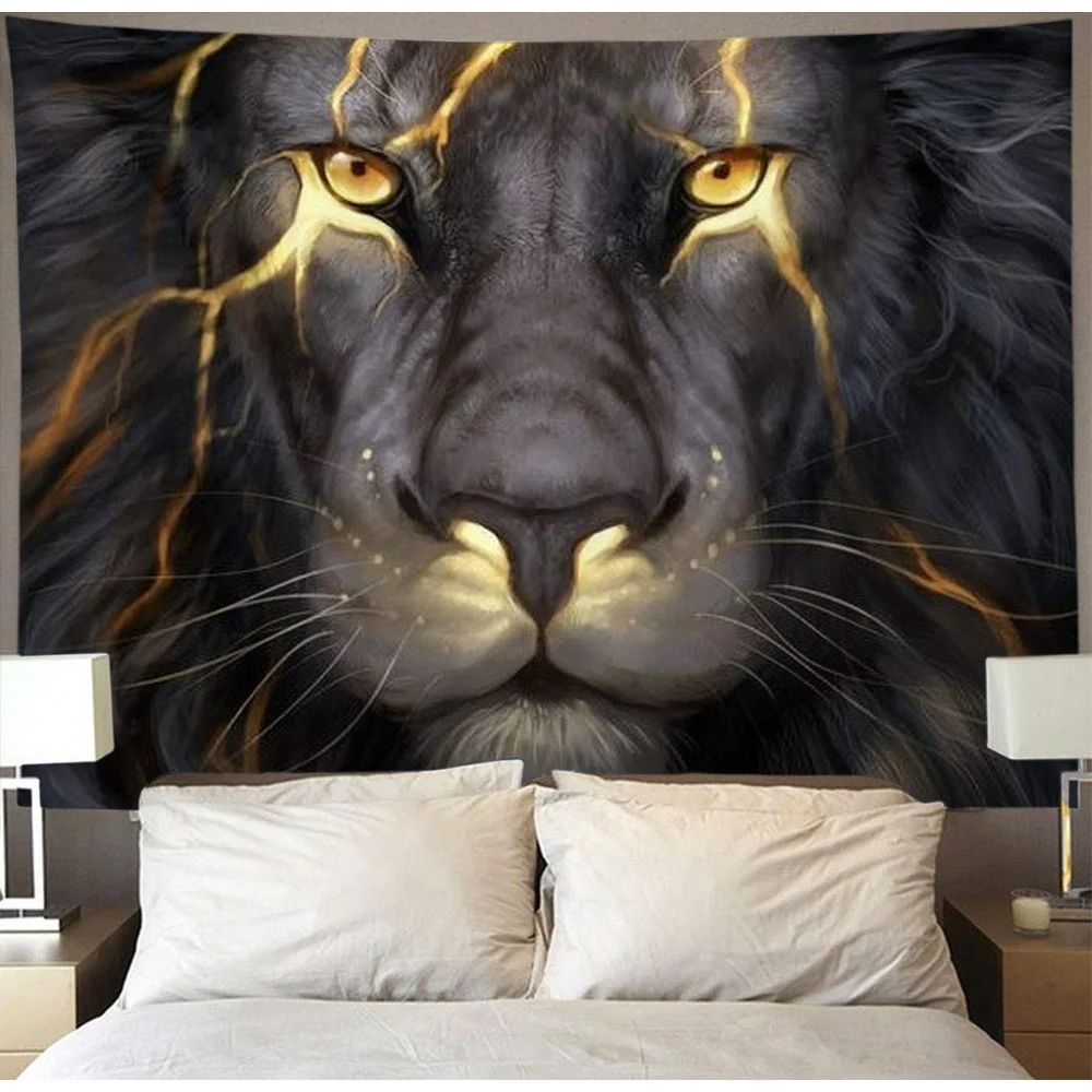

Black Golden Cool Lion King Painting Tapestry Hippie Animal Wall Hanging Wildlife Tapestries Wall Art for Dorm Bedroom Decor