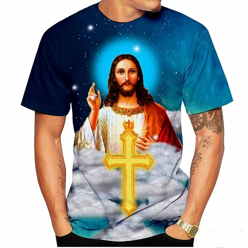 

2022 New 3D Printing Men's T-Shirt Summer Fashion Streetwear Harajuku Cartoon God Religion Jesus T-Shirt