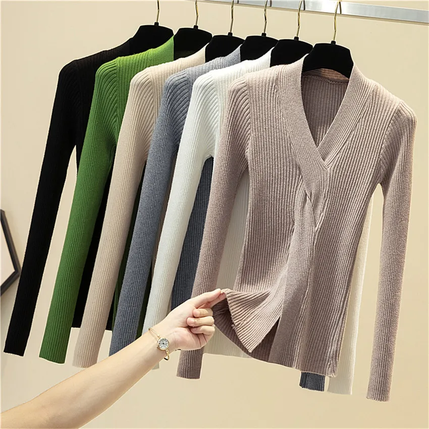 

Winter Sweater V-Neck Knitted Sweaters Women Solid Basic Pullover Knitted Jumper Pull Femme Tops Knitwear Undershirt