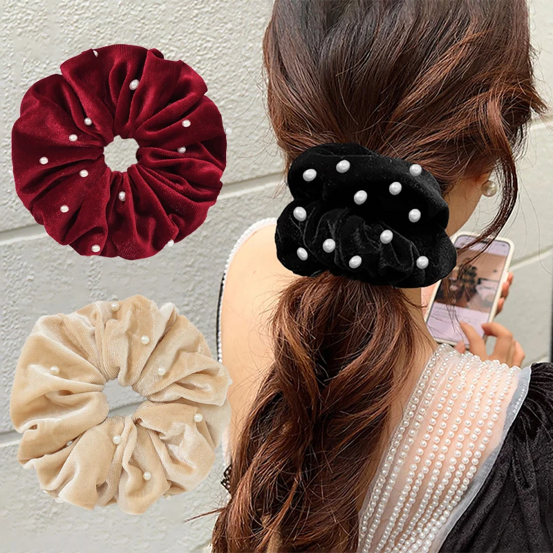 

Oversized Velvet Scrunchies Women Large Ponytail Holder Hair Rope Solid Elastic Hair Bands Girls Fashion Pearls Headwear Winter