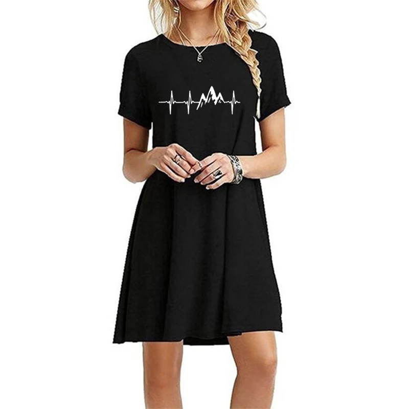 

Women Summer Mountain Heartbeat Print T Shirt Dress Round Neck Slim Knee-length Short Sleeve Dress Casual Printed Skirts