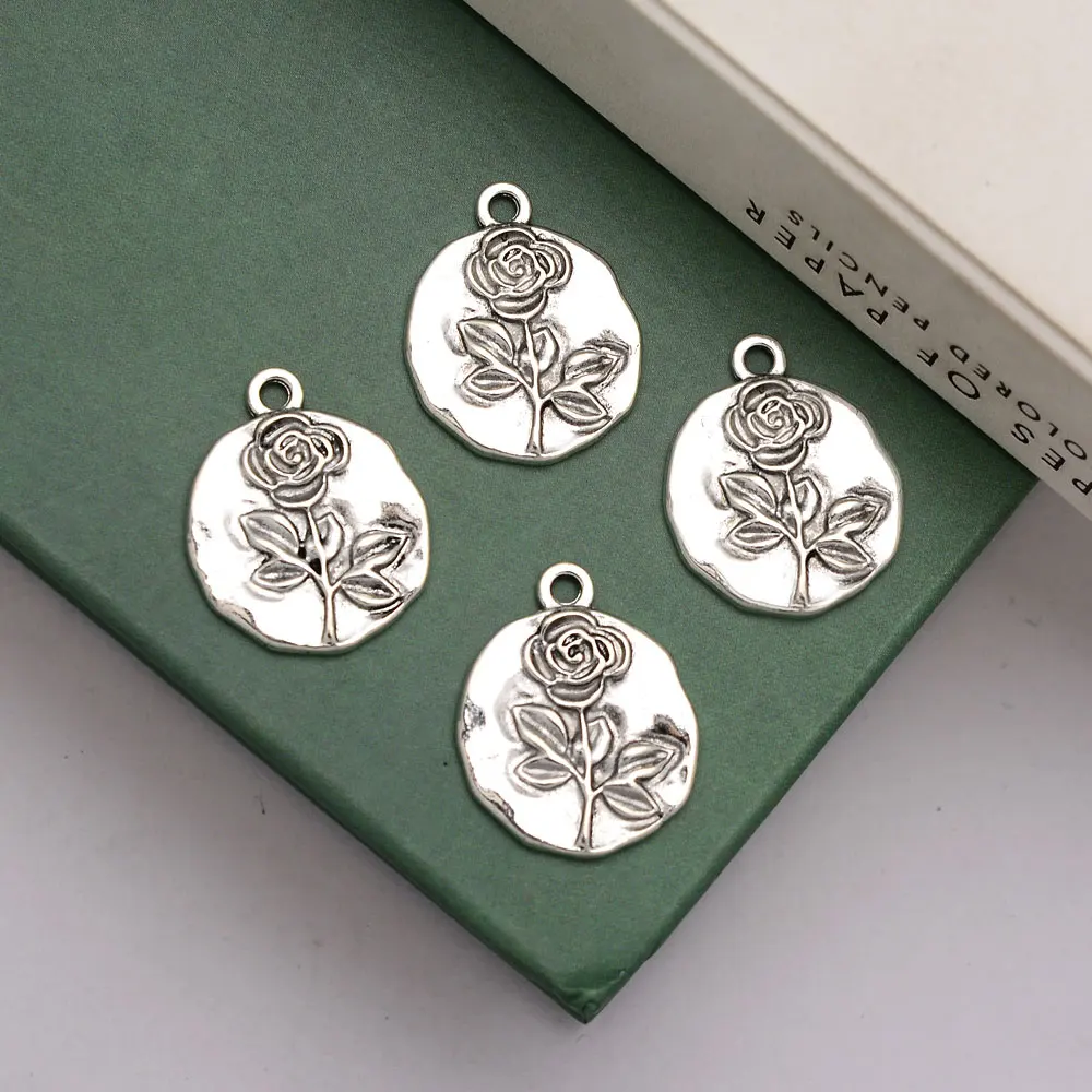 

20pcs/lot--17x21mm Antique Silver Plated Rose Medal Charms Valentine's Day Pendants For Jewelry Making Supplies Diy Earring