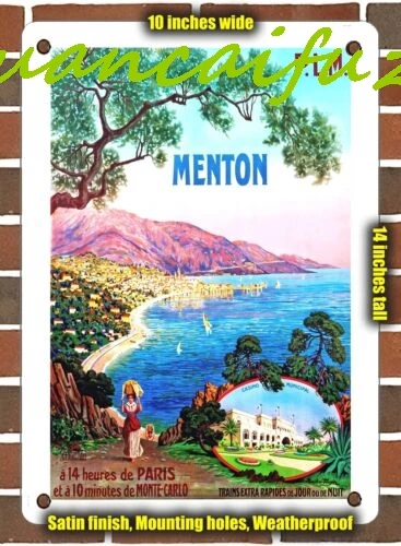 МЕТАЛЛИЧЕСКАЯ ЗНАК SJKY - 1900 PLM Menton 14 часов из Парижа 10x14 дюймов