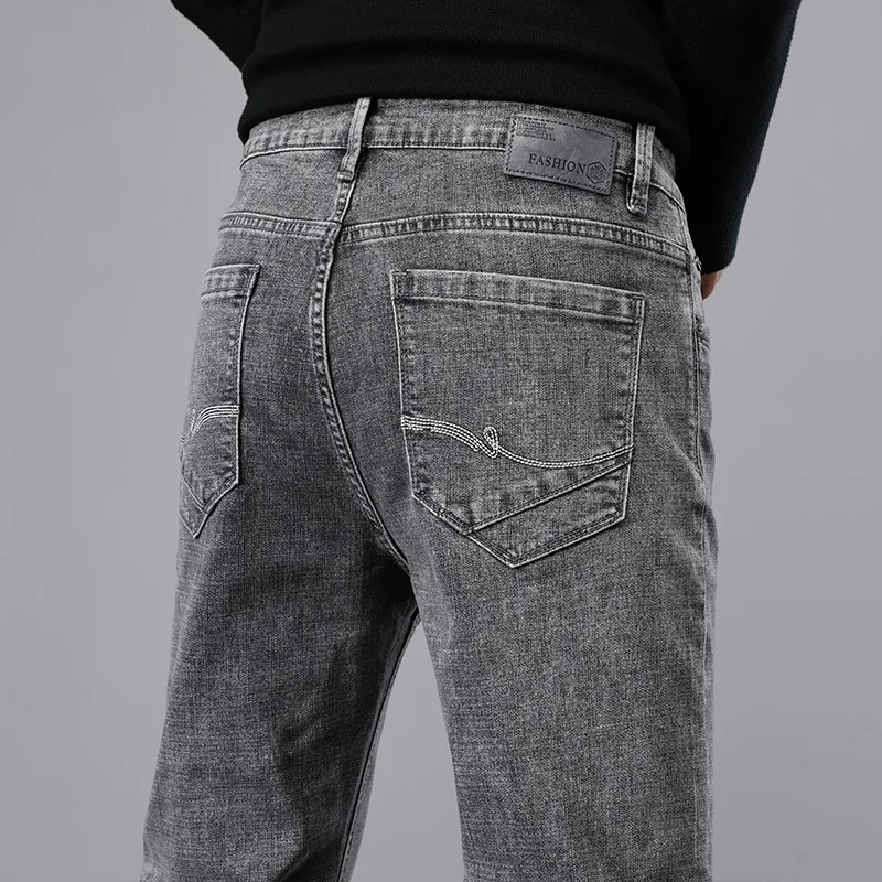

Autumn New Fit Straight Smoke Grey Jeans Men's Stretch Vintage Washed Slim Pocket Casual Denim Trousers Male Brand Clothing