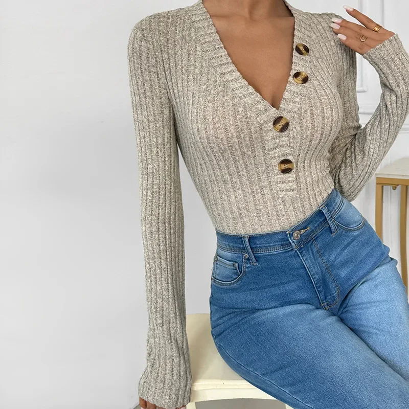 Боди для женщин комбинезон в рубчик с длинными рукавами женские боди v-образным