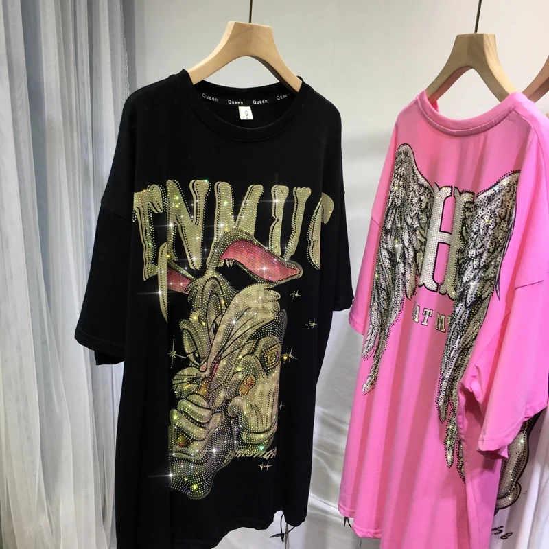 

Oversized Top Summer Women Hot Drilling Short Sleeve T-shirt 2022 New Cartoon Bunny Back Wings Round Neck Streetwear Cotton Tees