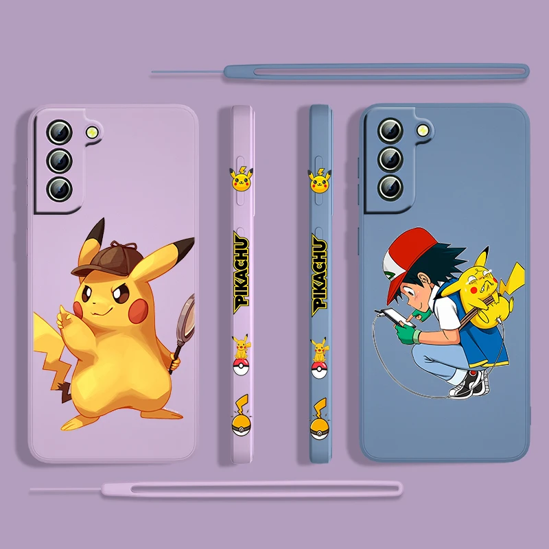 

Pikachu Cartoon Anime Cute For Samsung Galaxy S22 S21 S20 S10 Note 20 10 Ultra Plus Pro FE Lite Liquid Left Rope Phone Case Capa