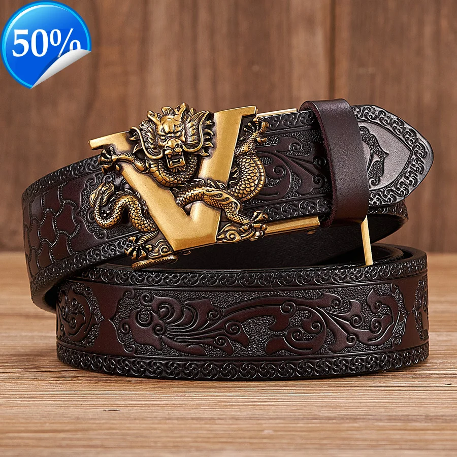 3.5CM V Buckle Cowskin Genuine Leather Belt Quality Alloy Automatic Buckle Print Wasitbad Strap Gift Bussiness Male Belt Men