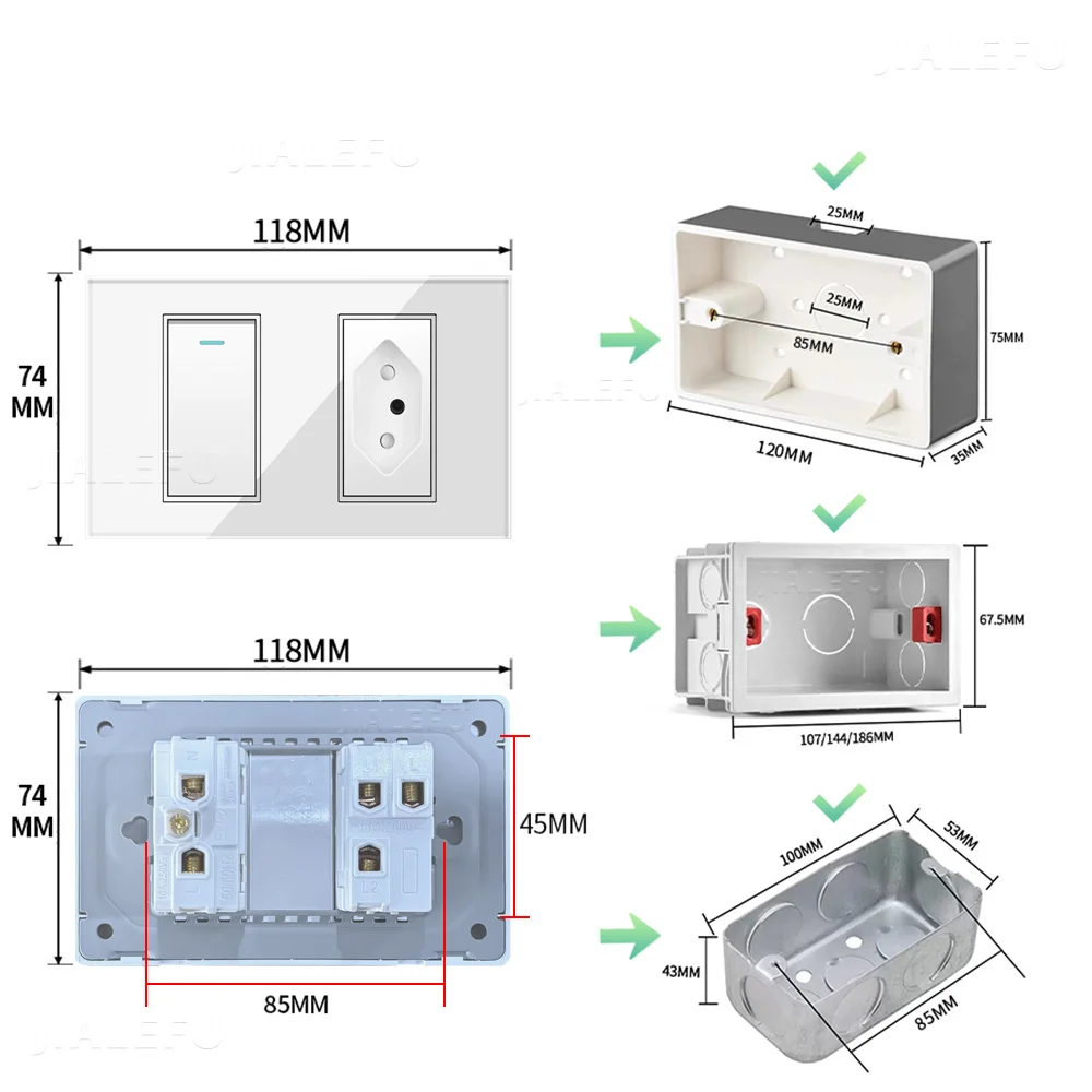 Панель из закаленного стекла 10 А 20 118 мм стандарт бразильский черная розетка