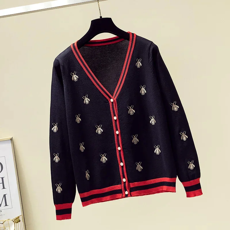 

High Quality Fashion Designer Bee Embroidery Cardigan Long Sleeve Single Breasted Contrast Color Button Knitted Sweaters C-196