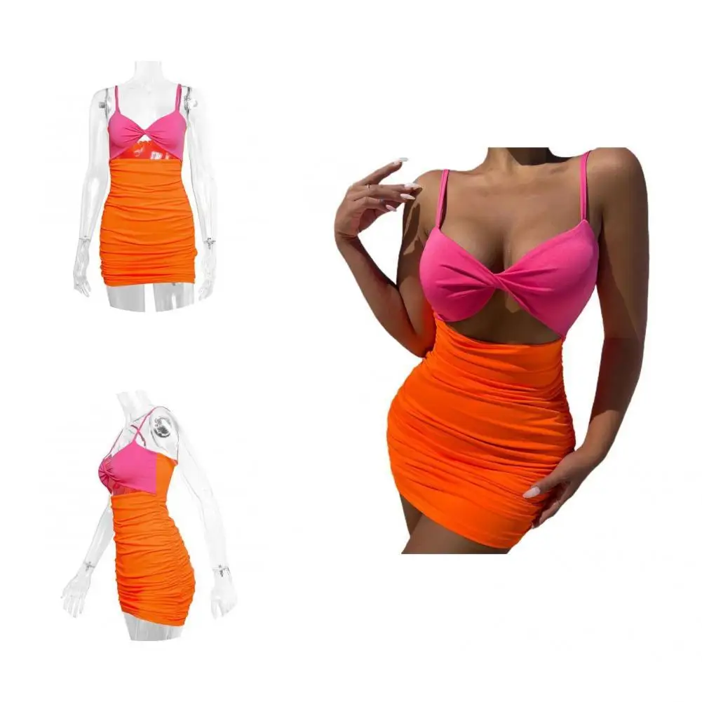 

Skin-touch Sexy Waist Hollow Sling Bodycon Dress Pleated Short Dress Backless for Bar