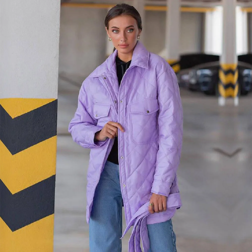 K 2022 New Women Autumn Winter Long Breasted Lapel Collar Loose Warm Rhombus Padded Jacket For Ladies Fashion All Match Coat