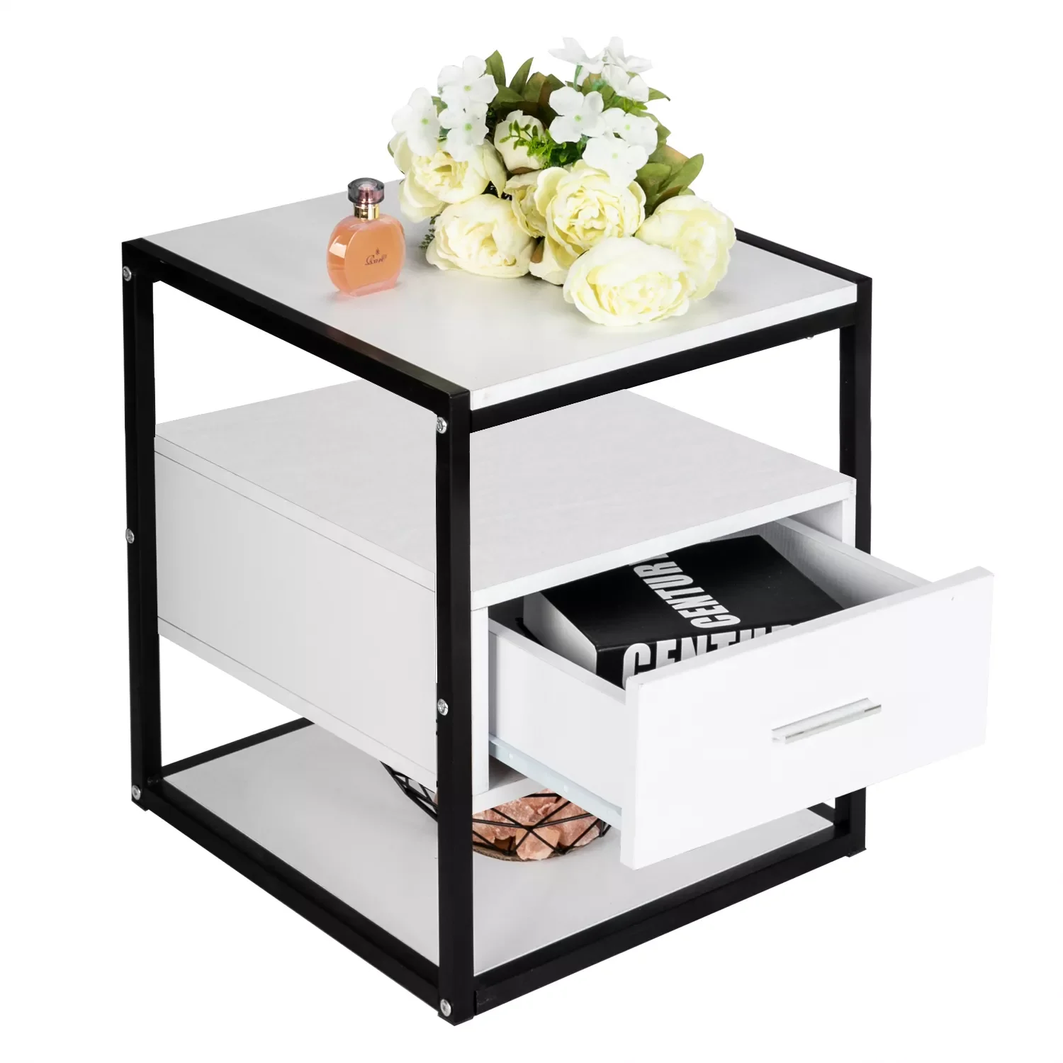

2023 Bedside Table Modern Simple Style Nightstand Particle Board&Steel Frame with 1 Drawer 45x45x50CM White[US-Stock] sofa l