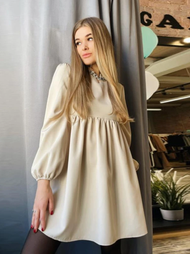 

Female Autumn Puff Sleeve Kawaii Mini Cute Dresses Solid Color V Neck Long Sleeve Women Winter Short Dress
