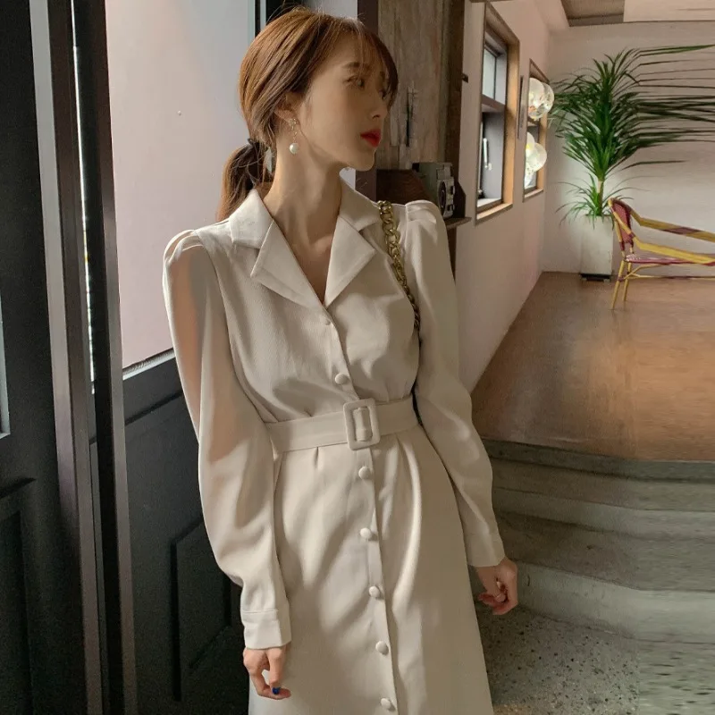 

Vintage Sashes Dresses for Women Party Office Lady Trumpet Mermaid Long Sleeve Midi Woman Dress Beige Korean Clothes Vestidos