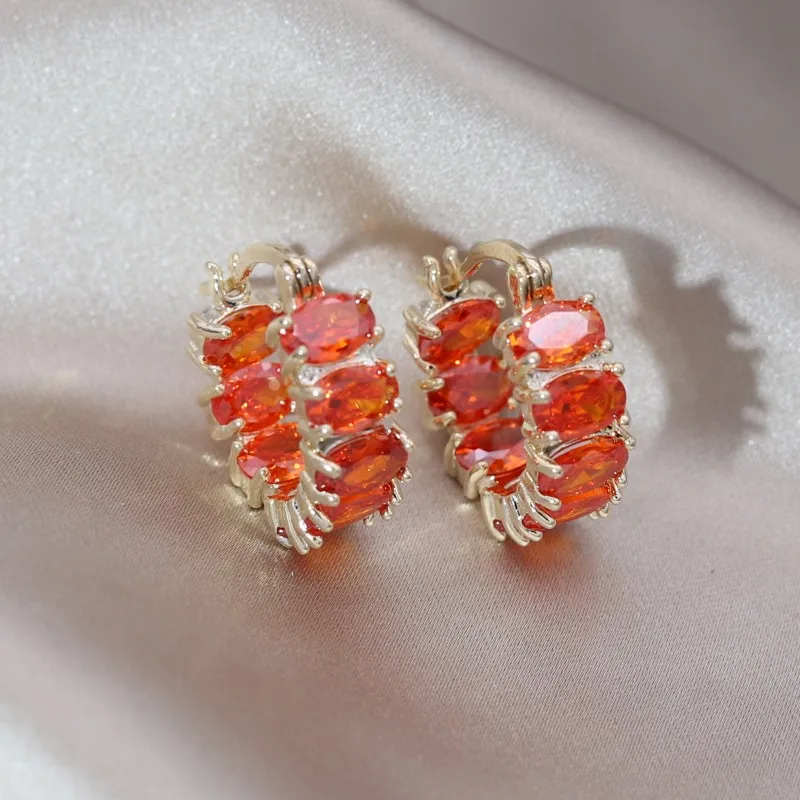 

Korea New Design Fashion Jewelry 14K Gold Plated Luxury Orange Oval Zircon Round Earrings Elegant Women's Daily Work Accessories