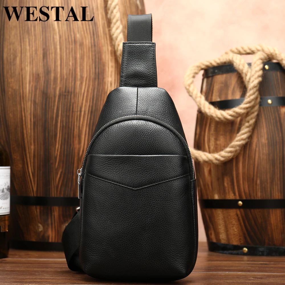 

Western Men's Chest Bags Purse Genuine Leather Crossbody Bags for Men Sling Bag Black Travel Chest Pack Messenger Side Bag