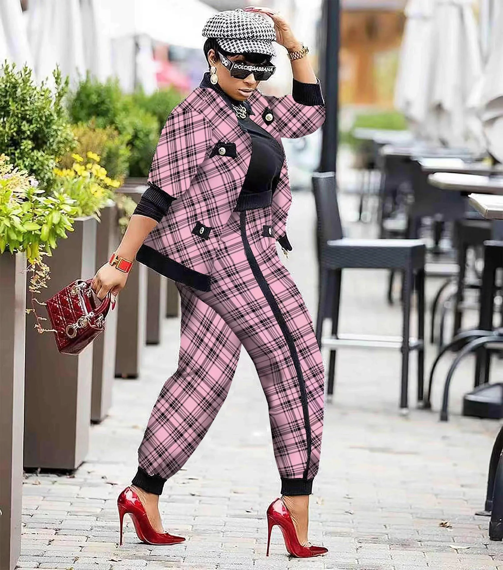 

2022 Classic Plaid High-end Office Daily Elegant Full Sleeve Cloth Group Long Pants Slim Women 2 Piece Set