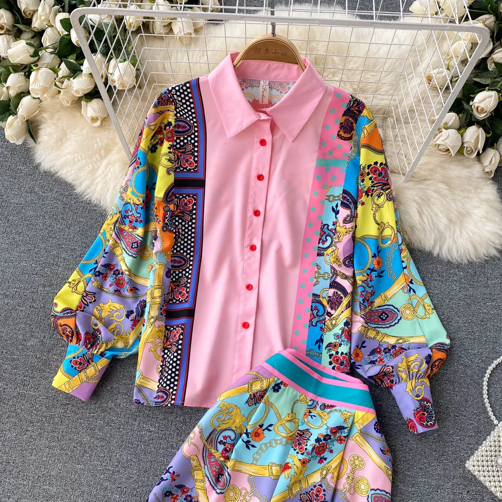 French Retro Printing Women Pajamas Set Elegant Temperament Sleepwear Loose High Waist Wide Leg Trousers Pijama 2 Pcs Home Suit