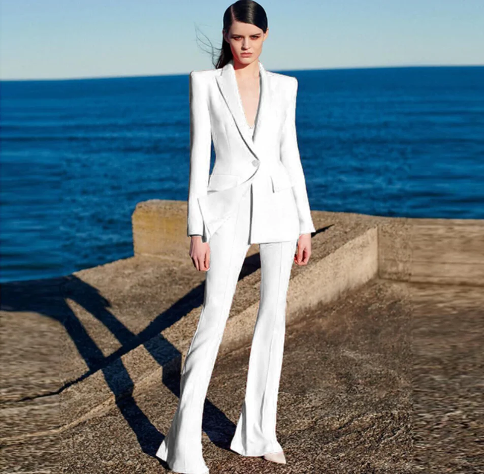 New 2022 Autumn Winter Suit Set Women's Career Fashion Single Button Slim Fit Blazer Flare Pants Suit