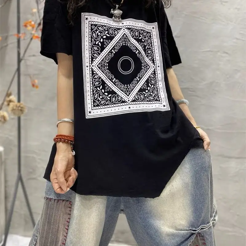 

Women Clothing High Street Fashion T-shirt Summer Vintage Hip Hop Y2k Printed Tees Female Oversized Asymmetrical Top Streetwear