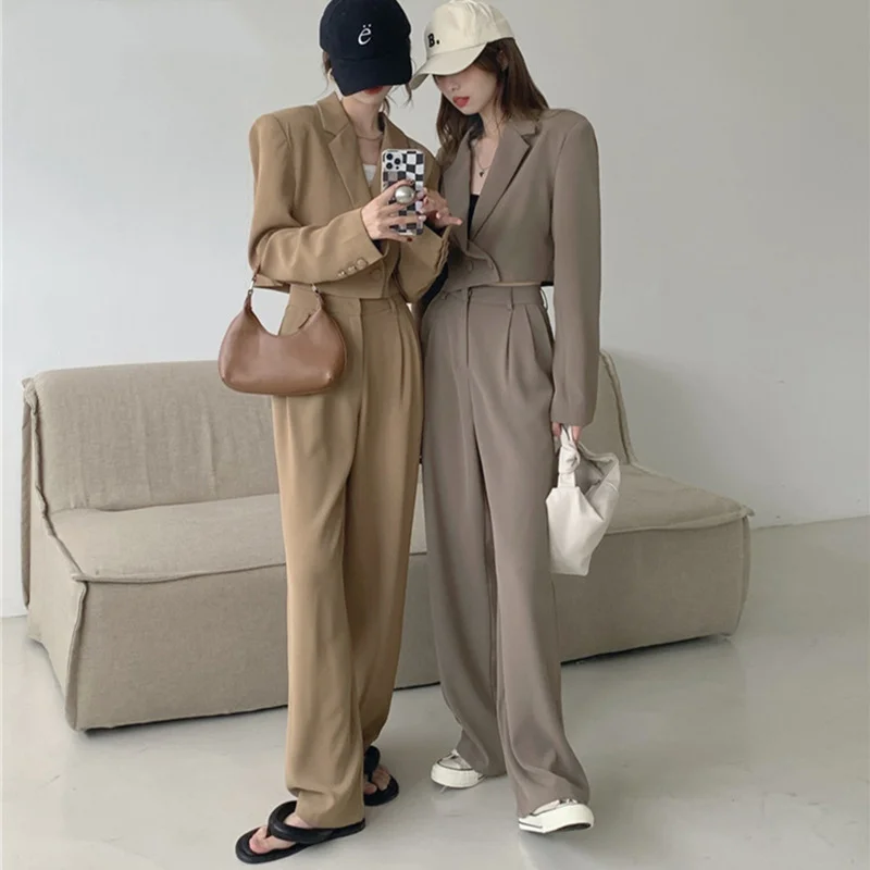 

Casual Blazer Sets Korean Style Autumn Two Piece Set Long Sleeve Suit Coat Crop Top High Waist Long Pants 2 Piece Ensemble Femme