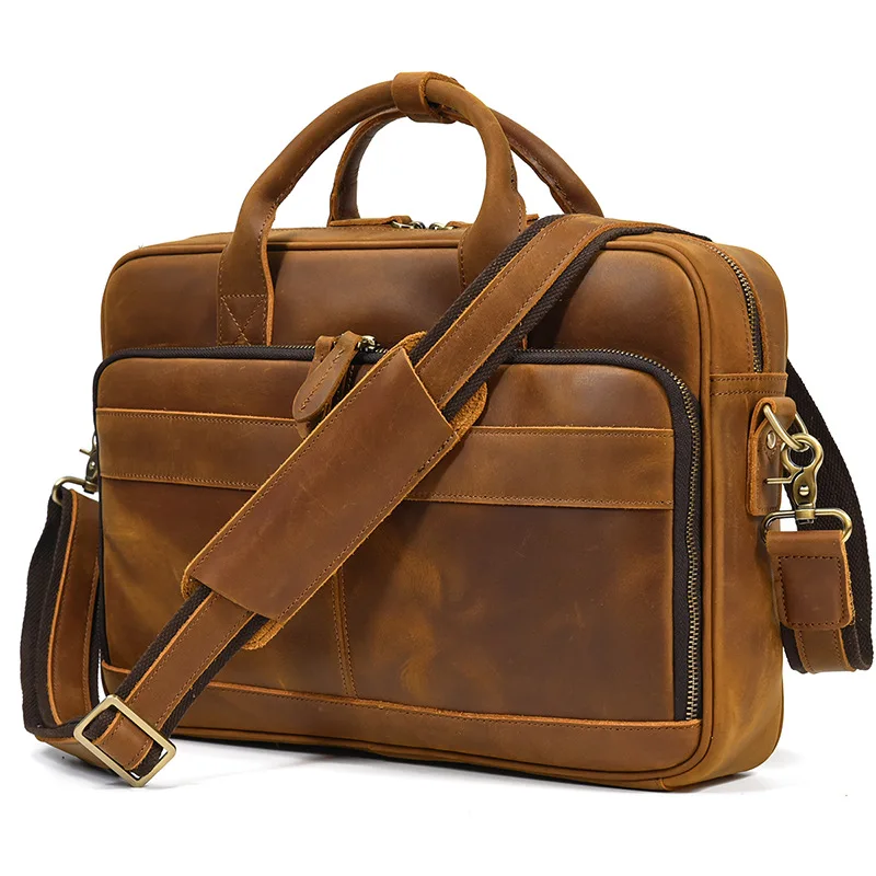 Crazy Horse Executive Briefcase Man Laptop Bag Genuine Leather Men Handbag Retro Messenger Bag Cowhide Man Office Briefcase Bag