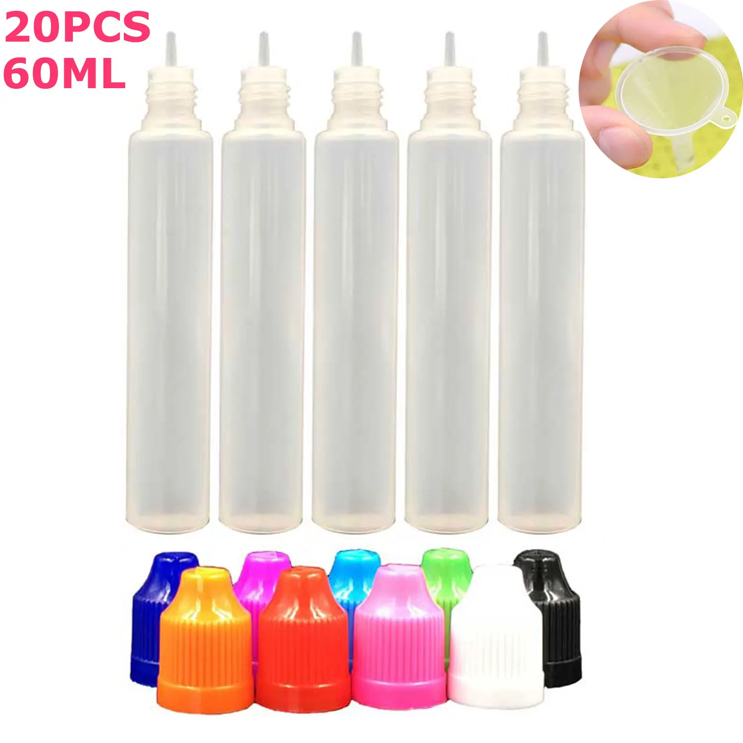 

20PCS X 60ML LDPE Empty Long Pen Shaped Squeezable Liquid E Juice Oli Eye Dropper Bottles Jars Containers with Plastic Caps Tips