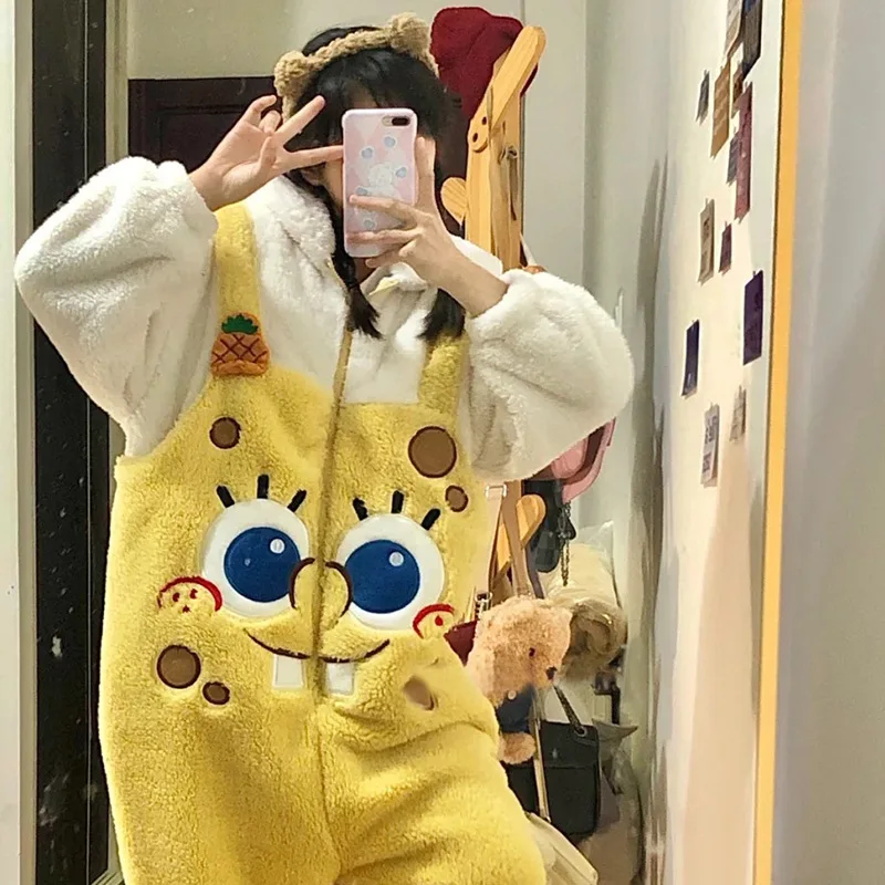 

SpongeBob SquarePants Coral Fleece One-piece Pajamas Women's Winter Thickening Can Be Worn Outside The Home Clothes One-piece