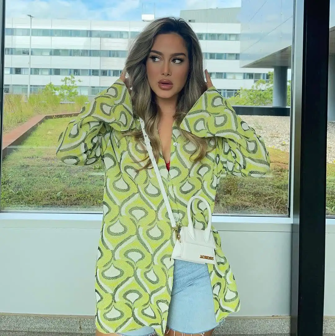 Women Pajamas Set Chic Green Geometric Print Vintage Sleepwear Long Sleeve High Waist Wide Leg Trousers 2pcs Elegant Women Sets