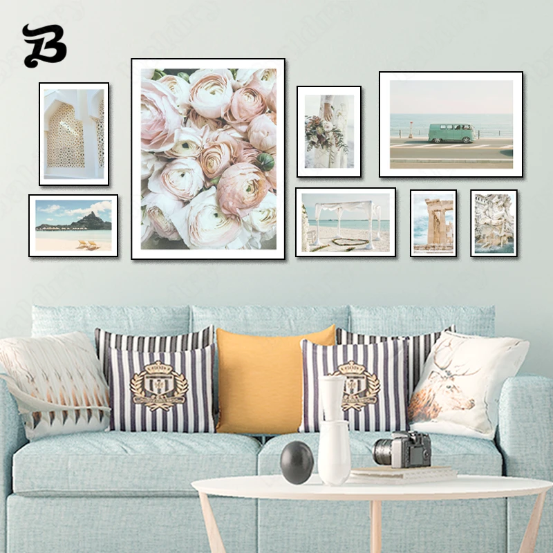 

Belle Plage Romantique Canvas Painting Wall Art Beautiful Landscape Flowers Seaside Scenery Canvas Prints for Living Room Decor