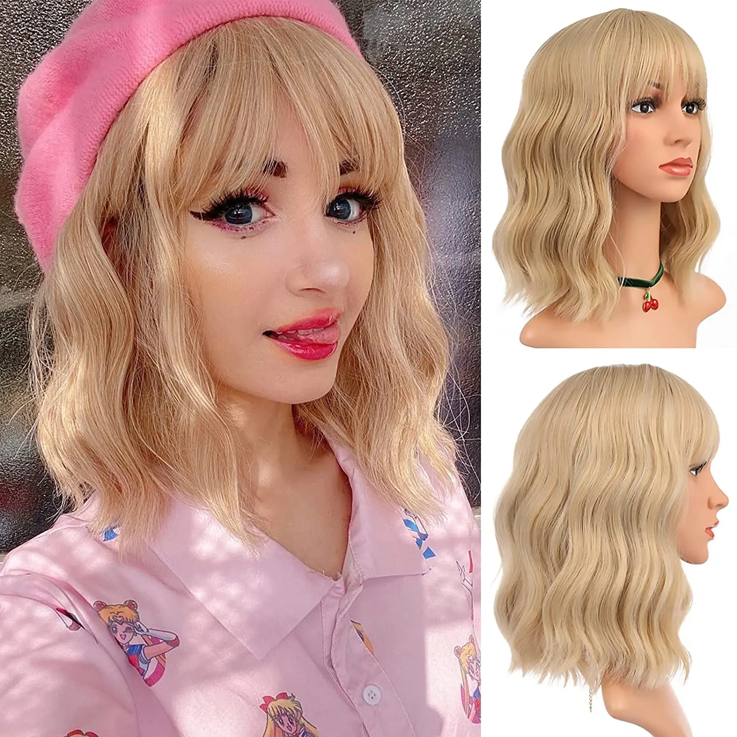 

14’Shoulder Length Cute Wig natural wavy short bob wigs with neat bangs for women synthetic heat resistant Wig for Party/Cosplay