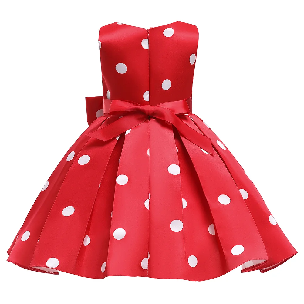 

Sleeveless Summer Girl Dress Dot Girls Dress Red Girl Dress with Bow for Party