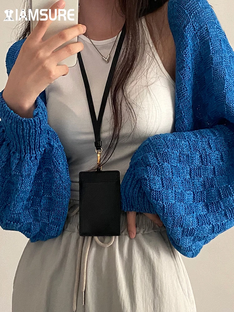 

IAMSURE Casual Solid Plaid Knitted Cardigan Basic Loose Puff Long Sleeve Sweaters Coats Women 2022 Autumn Winter Streetwear Lady