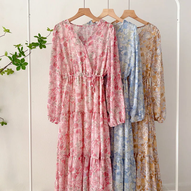 

Dresses For Women 2022 New Spring Summer Elegant Floral Print Women Dress Ladies Sweet V Neck Ruffles Chiffon Dress Long Sleeve
