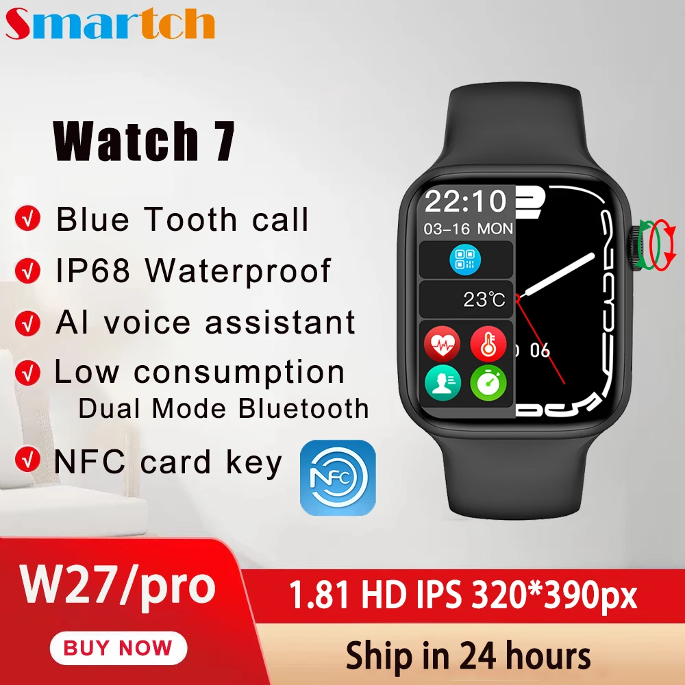 

Умные часы IWO 13 W27 W37 Series 7 для мужчин и женщин, водонепроницаемые Смарт-часы с функцией NFC, с поддержкой Bluetooth, с защитой класса IP68, с пульсометр...