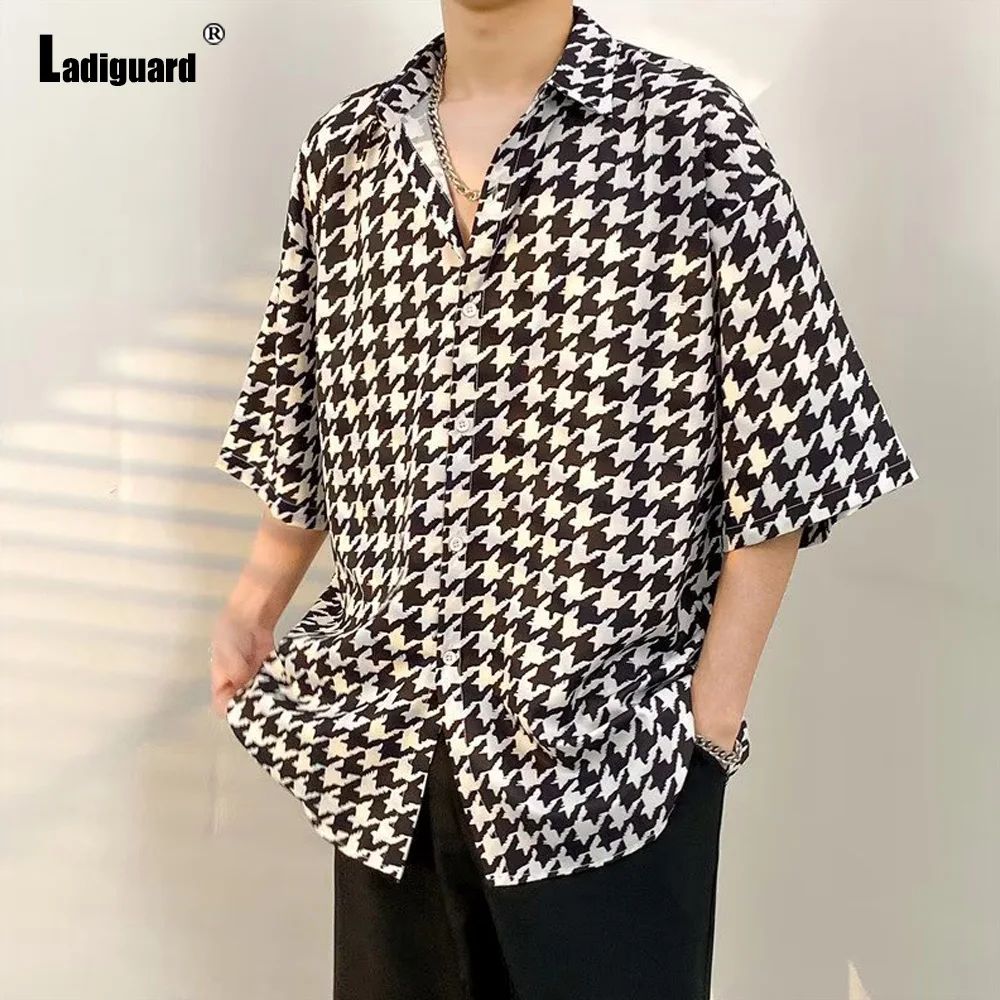 Ladiguard 2023 Mens Short Sleeve Casual Loose Blouse Korean Fashion Houndstooth Print Shirts Masculina Camisa Top blusas Hommes