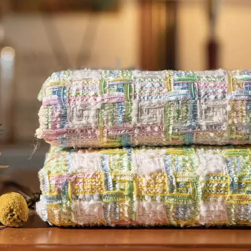 Цветная сетчатая окрашенная в пряжку твидовая ткань для женщин осенняя куртка