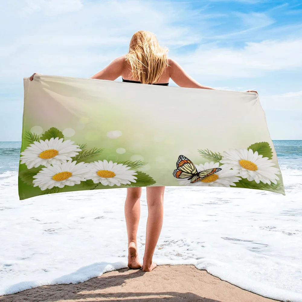 

White Flower Chrysanthemum Butterfly Bath Towel Camping Bathroom Accessories Microfiber Beach Towel Home Bath Towels for Adults