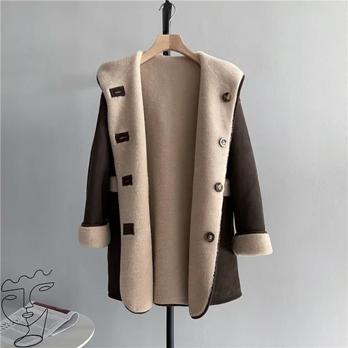 Luxury brand Fashion Sheep Shearling Jacket Warm Mid-length Casual Wool 2023 Winter Women Korean Hooded Short Fur Coat Z