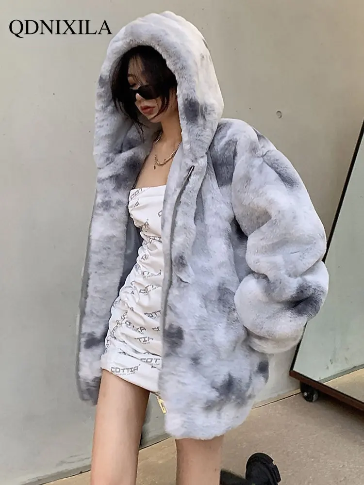 Women's Fur Coat Faux Fur Coat Lambswool Jackets Thickened Plush Rabbit Fur The Tie-dyed Hooded Fur Coat Women Jacket