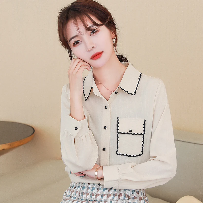 

Women Shirt Puff Long Sleeve Vintage Elegant Korean Style Slim Casual Apricot Tops Female Vintage Blouse Spring Autumn 6285