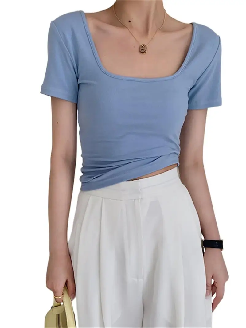 

Summer Knitted Cotton Square Collar Girl's Crop Tops Skinny Basics Versatility Fashion Solid Comfortable Shirts Blouses